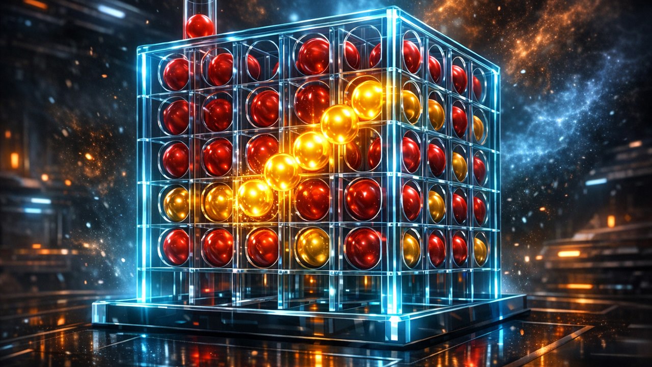 A luminous 4 × 4 × 4 Connect 4 rack representing the 3D browser game