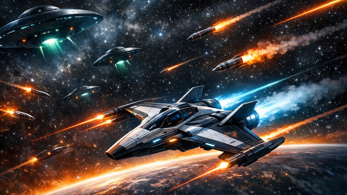 A starfighter flying through a neon space arena representing the 3D browser game