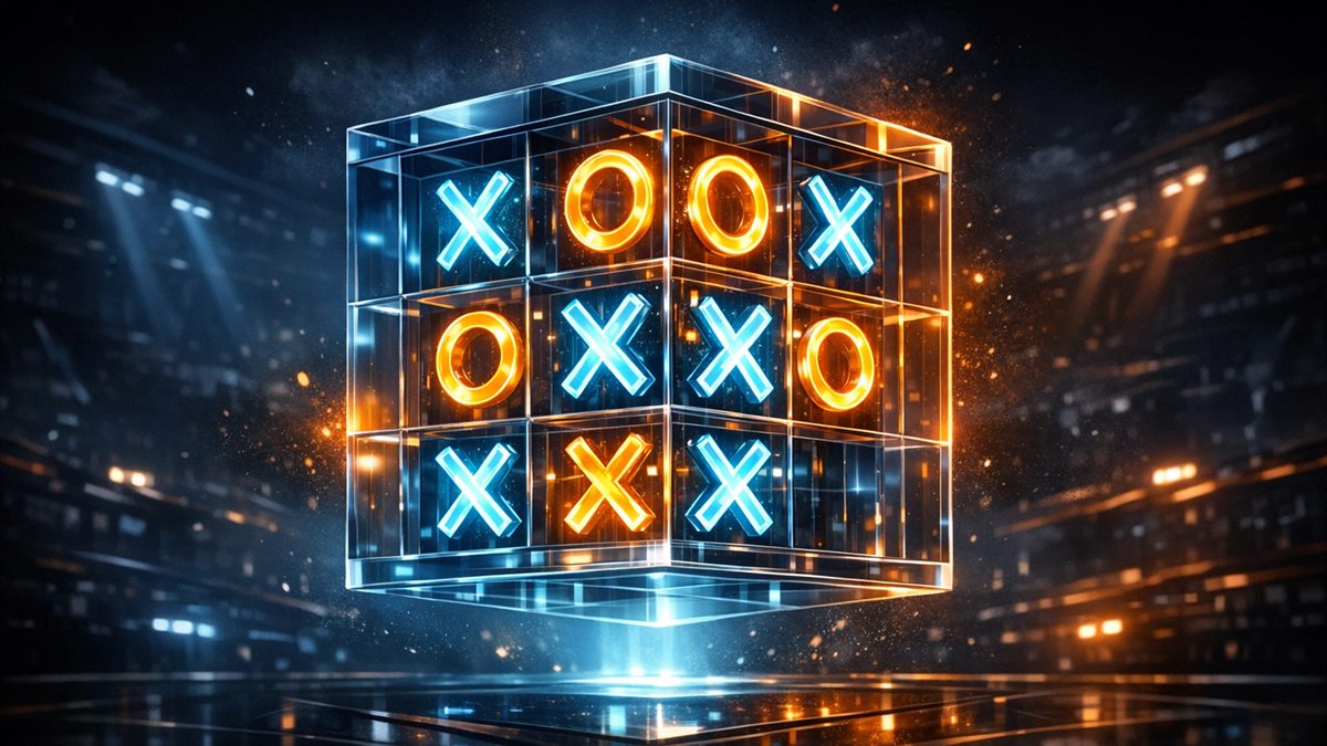 A glowing 3D Tic-Tac-Toe cube representing the spatial browser game