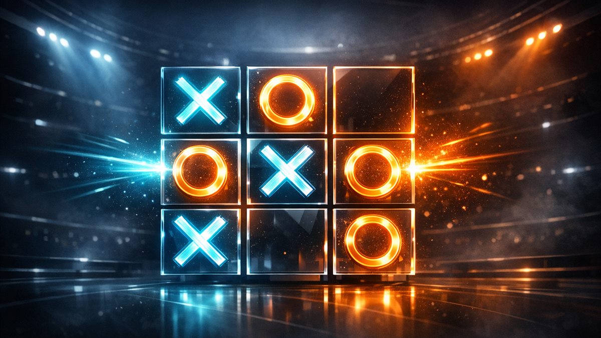 A neon Tic-Tac-Toe board representing the browser game